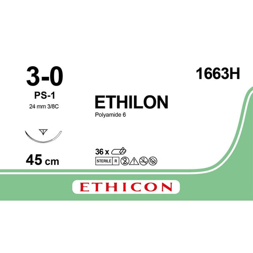 Ethicon Ethicon ETHILON Black Monofilament Non - Absorbable Surgical Suture USP 3 - 0 18 in (45 cm) Black PS - 1 Prime Reverse Cutting Needle 24 mm 3/8 Circle 1663H (Box of 36) UK 1663H