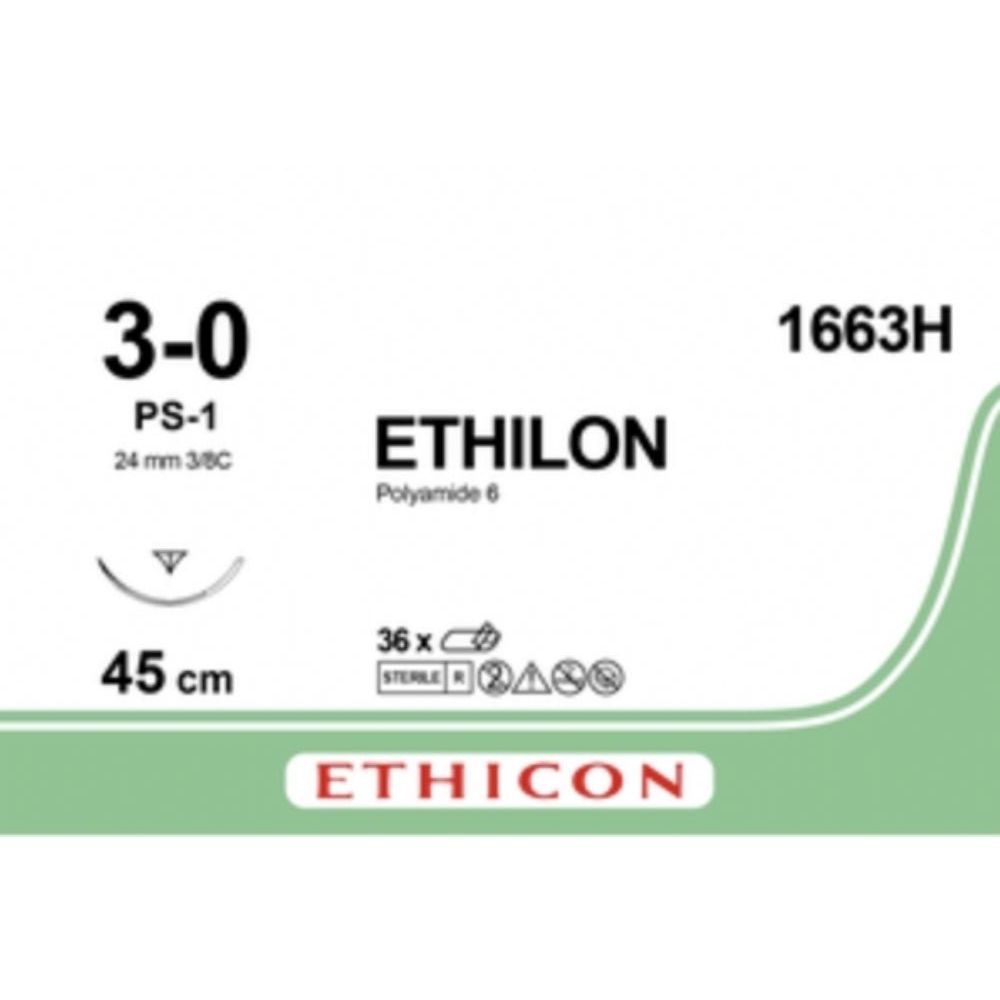 Ethicon Ethicon ETHILON Black Monofilament Non - Absorbable Surgical Suture USP 3 - 0 18 in (45 cm) Black PS - 1 Prime Reverse Cutting Needle 24 mm 3/8 Circle 1663H (Box of 36) UK 1663H