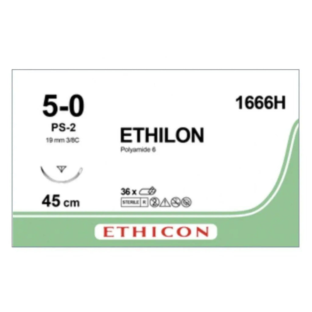 Ethicon Sutures Ethicon ETHILON™ Black Monofilament Non - Absorbable Surgical Suture – USP 5 - 0 – 18 in (45 cm) – Black – PS - 2 Prime Reverse Cutting Needle 19 mm – 3/8 Circle – 1666H (Box of 36) Size: 5 - 0 Colour: Black Style: cutting UK 1666H