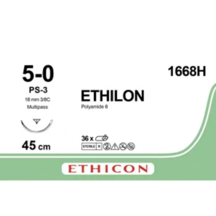 Ethicon Ethicon ETHILON Black Monofilament Non - Absorbable Surgical Suture USP 5 - 0 18 in (45 cm) Black PS - 3 Prime Reverse Cutting Needle 13 mm 3/8 Circle 1668H (Box of 36) UK 1668H