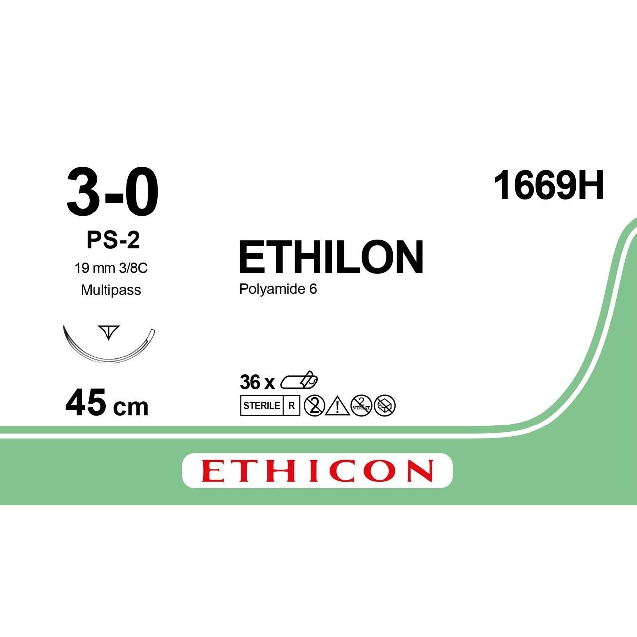 Ethicon Ethicon ETHILON Black Monofilament Non - Absorbable Surgical Suture USP 3 - 0 18 in (45 cm) Black PS - 2 Prime Reverse Cutting Needle 19 mm 3/8 Circle 1669H (Box of 36) UK 1669H