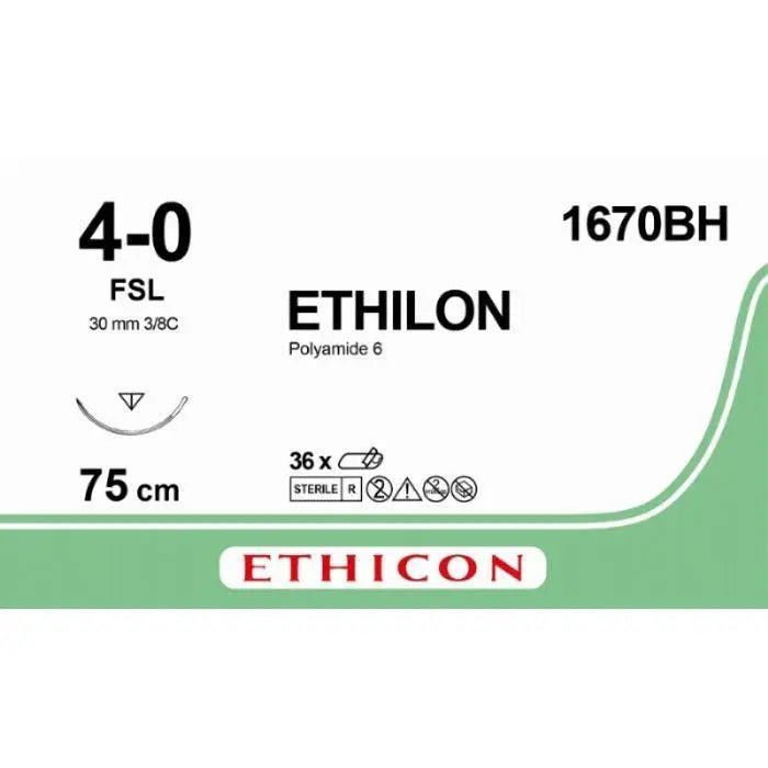 Ethicon Ethicon ETHILON Black Monofilament Non - Absorbable Surgical Suture USP 4 - 0 30 in (75 cm) Black FSL Reverse Cutting Needle 19 mm 3/8 Circle 1670BH (Box of 36) UK 1670BH
