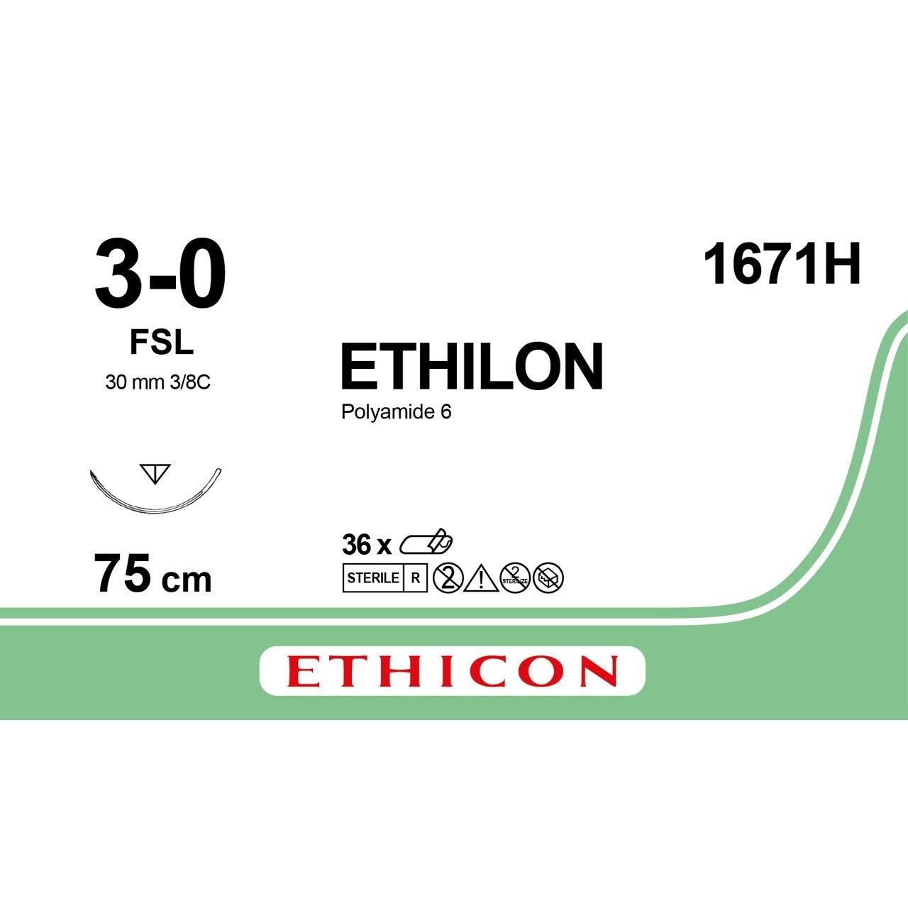 Ethicon Ethicon ETHILON Black Monofilament Non - Absorbable Surgical Suture USP 3 - 0 30 in (75 cm) Black FSL Reverse Cutting Needle 19 mm 3/8 Circle 1671H (Box of 36) UK 1671H