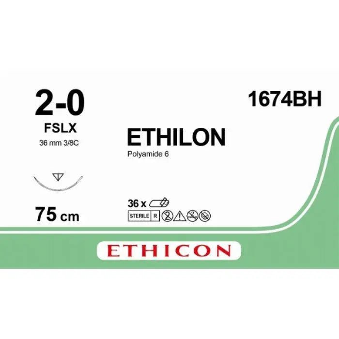 Ethicon Ethicon ETHILON Black Monofilament Non - Absorbable Surgical Suture USP 2 - 0 30 in (75 cm) Black FSLX Reverse Cutting Needle 19 mm 3/8 Circle 1674BH (Box of 36) UK 1674BH