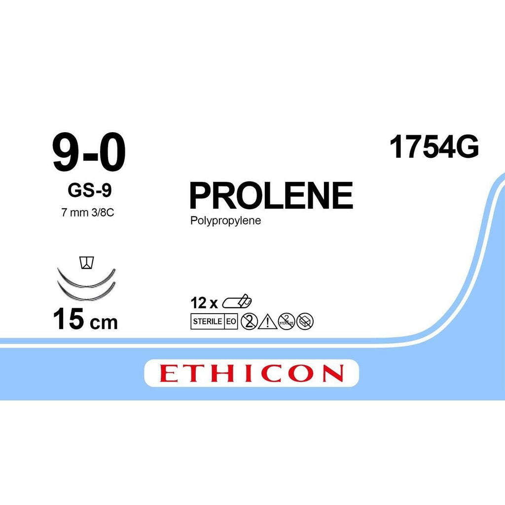 Ethicon Ethicon PROLENE Polypropylene Blue Non - Absorbable Microsurgical Suture USP 9 - 0 15 cm (6 in) Double - Armed TG140 - 8 Cutting Edge Spatula Reverse Needles 1754G (Box of 12) UK 1754G