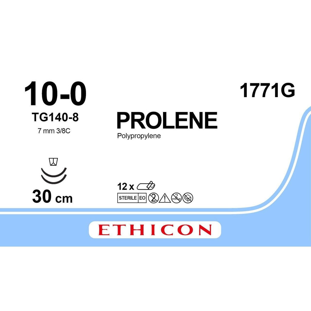 Ethicon Ethicon PROLENE Polypropylene Blue Non - Absorbable Microsurgical Suture USP 10 - 0 30 cm (12 in) Double - Armed TG140 - 8 Cutting Edge Spatula Reverse Needles 1771G (Box of 12) UK 1771G