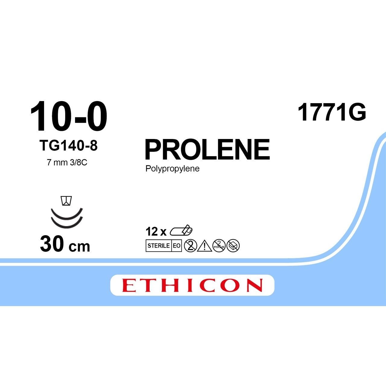 Ethicon Ethicon PROLENE Polypropylene Blue Non - Absorbable Microsurgical Suture USP 10 - 0 30 cm (12 in) Double - Armed TG140 - 8 Cutting Edge Spatula Reverse Needles 1771G (Box of 12) UK 1771G