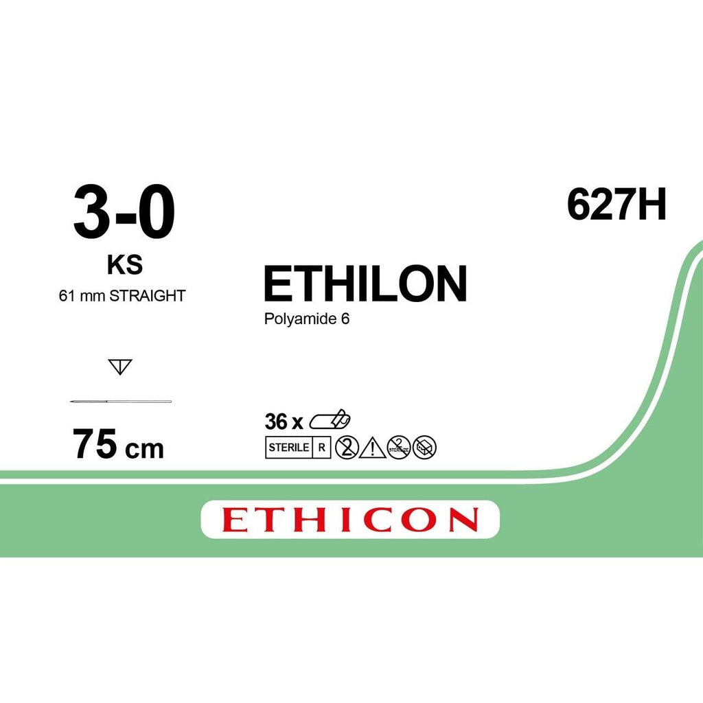 Ethicon Ethicon ETHILON Black Monofilament Non - Absorbable Surgical Suture USP 3 - 0 30 in (75 cm) Black KS Reverse Cutting Needle 19 mm 3/8 Circle 627H (Box of 36) UK 627H