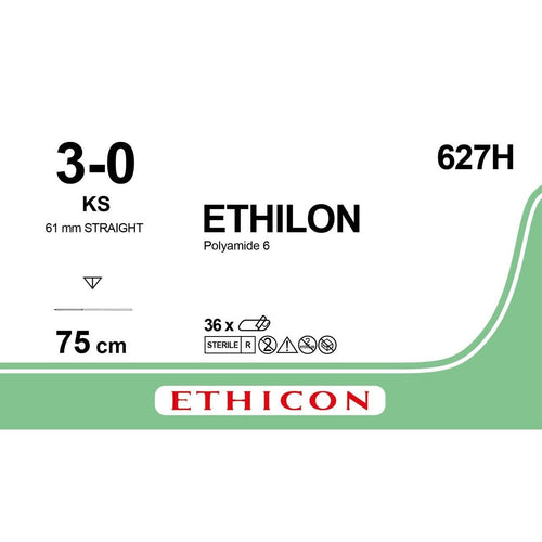 Ethicon Ethicon ETHILON Black Monofilament Non - Absorbable Surgical Suture USP 3 - 0 30 in (75 cm) Black KS Reverse Cutting Needle 19 mm 3/8 Circle 627H (Box of 36) UK 627H
