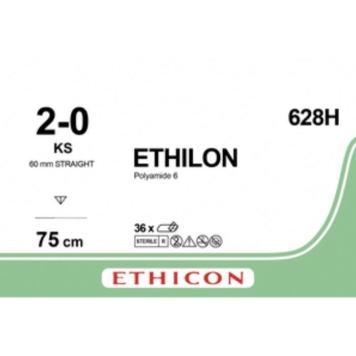 Ethicon Ethicon ETHILON™ Black Monofilament Non - Absorbable Surgical Suture – USP 2 - 0 – 30 in (75 cm) – Black – KS Reverse Cutting Needle 19 mm – 3/8 Circle – 628H (Box of 36) UK 628H