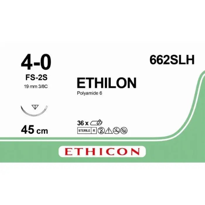 Ethicon Ethicon ETHILON Black Monofilament Non - Absorbable Surgical Suture USP 4 - 0 18 in (45 cm) Black FS - 2S Slim Reverse Cutting Needle 19 mm 3/8 Circle 662SLH (Box of 36) UK 662SLH