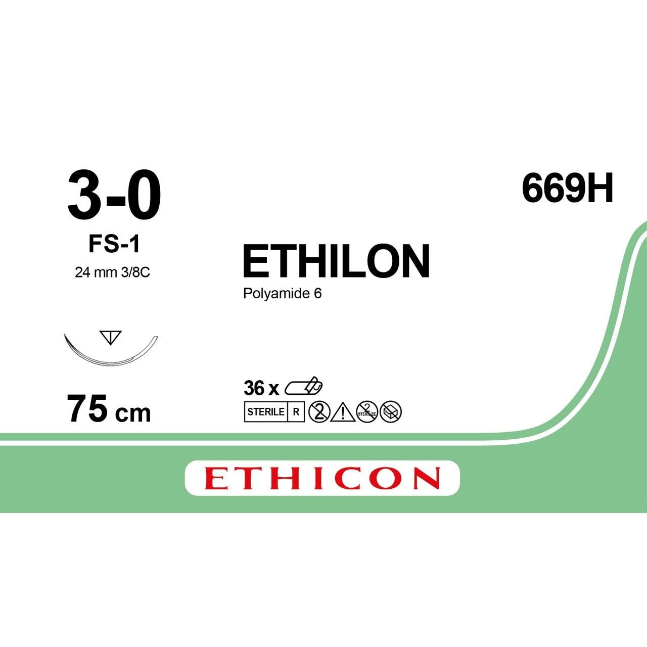 Ethicon Ethicon ETHILON Black Monofilament Non - Absorbable Surgical Suture USP 3 - 0 30 in (75 cm) Black FS - 1 Reverse Cutting Needle 24 mm 3/8 Circle 669H (Box of 36) UK 669H