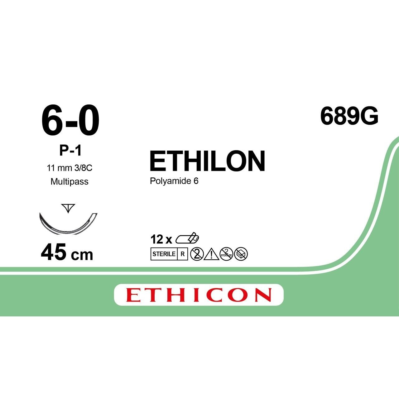 Ethicon Ethicon ETHILON Undyed Monofilament Non - Absorbable Surgical Suture USP 6 - 0 18 in (45 cm) Undyed P - 1 Prime Cutting Needle 11 mm 3/8 Circle 689G (Box of 12) UK 689G
