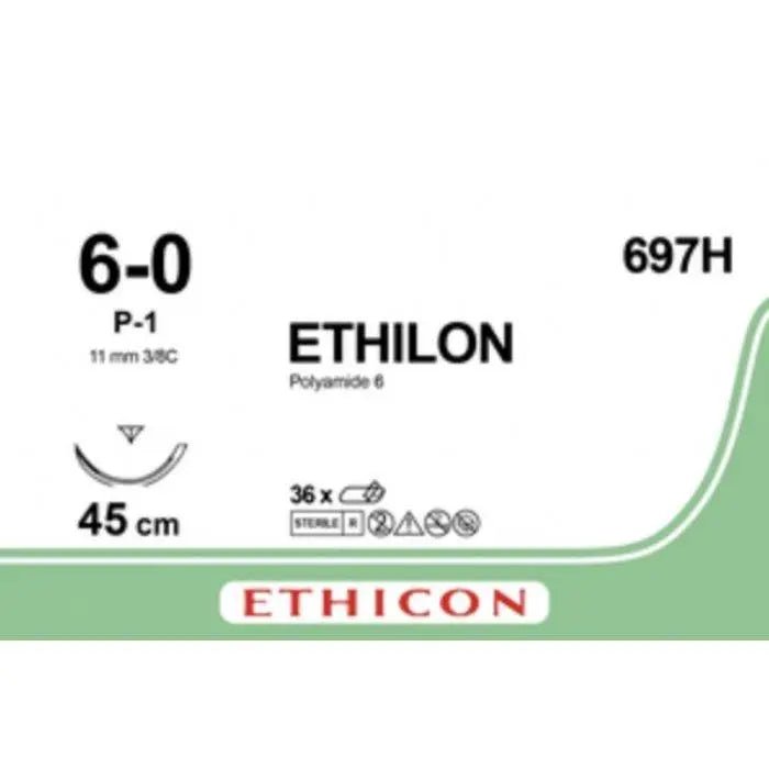 Ethicon Ethicon ETHILON Black Monofilament Non - Absorbable Surgical Suture USP 6 - 0 18 in (45 cm) Black P - 1 Prime Cutting Needle 11 mm 3/8 Circle 697H (Box of 36) UK 697H