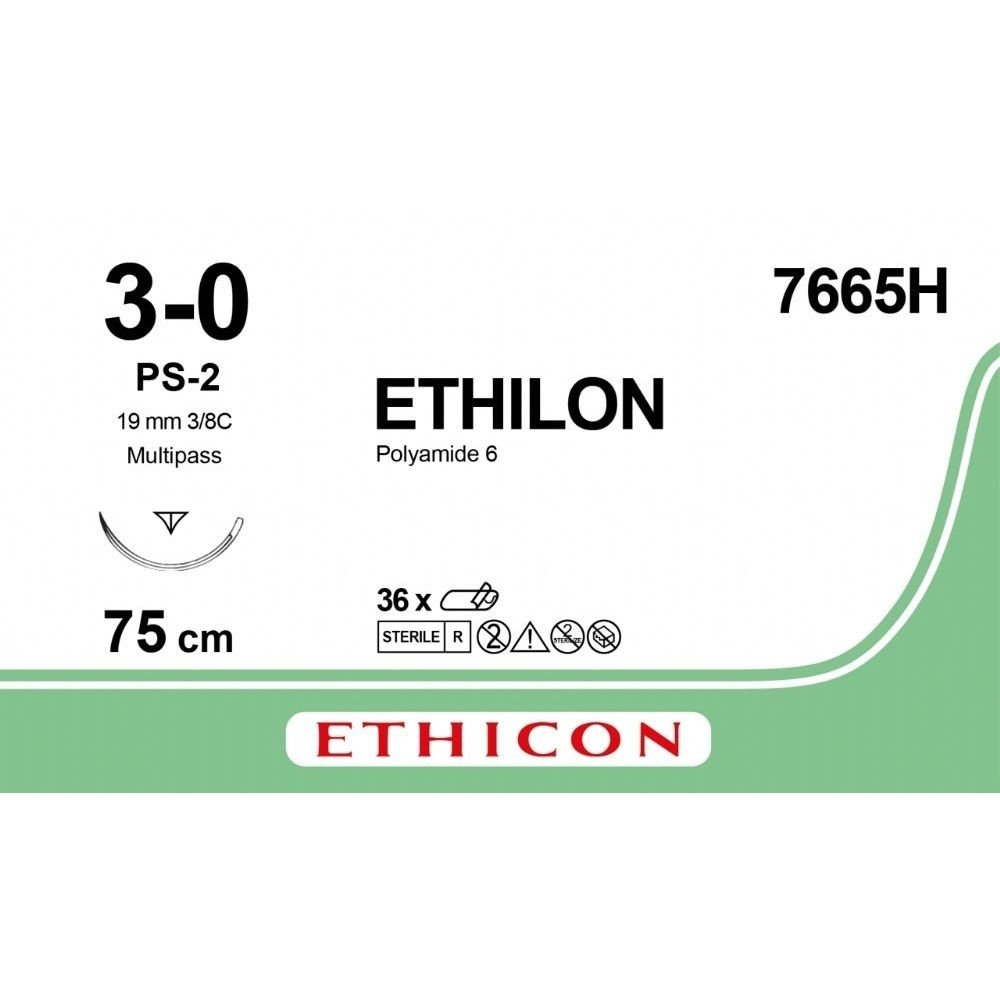 Ethicon Ethicon ETHILON Black Monofilament Non - Absorbable Surgical Suture USP 3 - 0 30 in (75 cm) Black PS - 2 Prime Reverse Cutting Needle 19 mm 3/8 Circle 7665H (Box of 36) UK 7665H