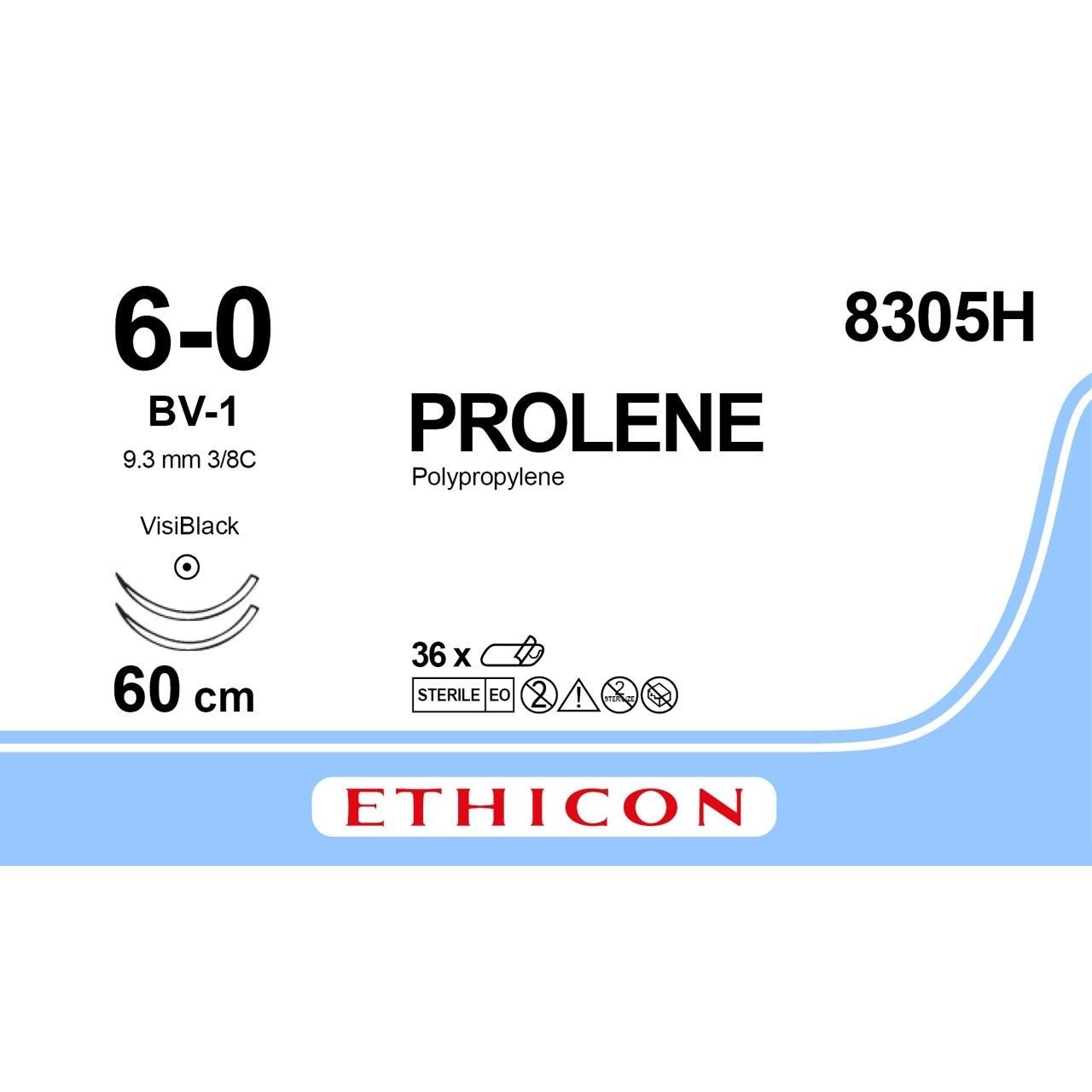 Ethicon Ethicon PROLENE Polypropylene Blue Non - Absorbable Surgical Suture USP 6 - 0 60 cm (24 in) Double - Armed BV - 1 VISI - BLACK Taper Point Needles 8305H (Box of 36) UK 8305H