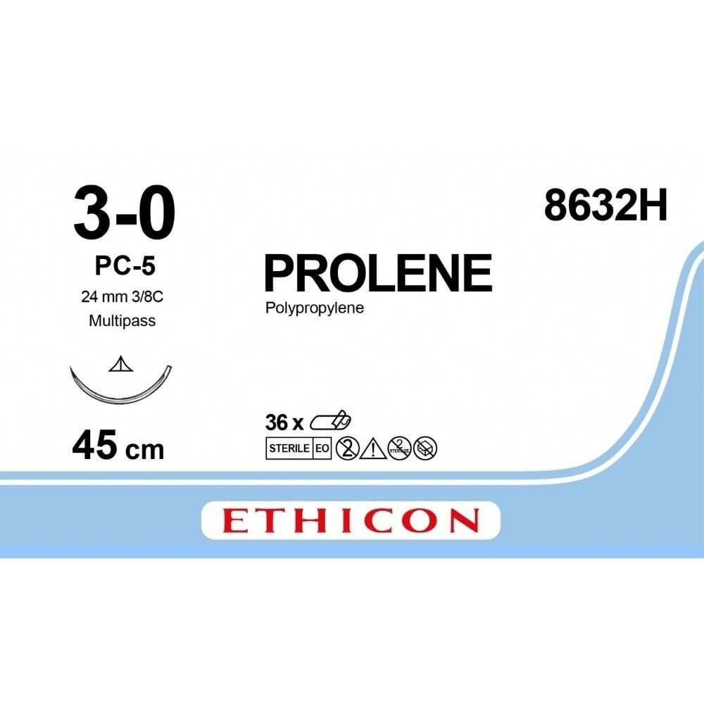 Ethicon Ethicon PROLENE Polypropylene Blue Non - Absorbable Veterinary Surgical Suture USP 3 - 0 45 cm PC - 5 PRIME MULTIPASS Conventional Cutting Needle 8632H (Box of 36) UK 8632H