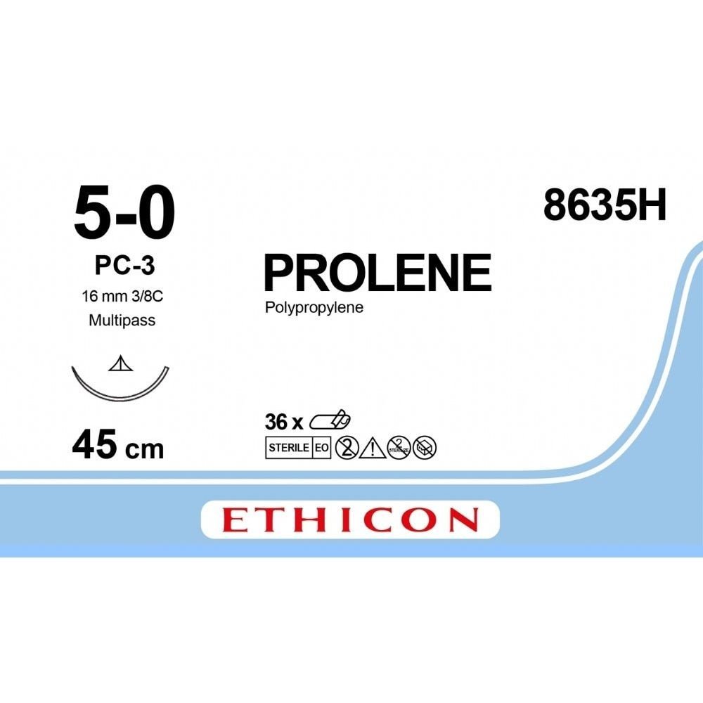 Ethicon Ethicon PROLENE Polypropylene Blue Non - Absorbable Surgical Suture USP 5 - 0 45 cm PC - 3 PRIME Conventional Cutting Needle 8635H (Box of 36) UK 8635H