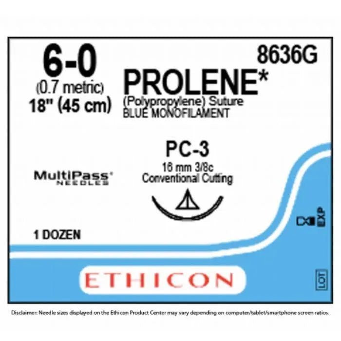 Ethicon Ethicon PROLENE® Polypropylene Blue Non - Absorbable Surgical Suture | USP 6 - 0 | 18 in (45 cm) | PC - 3 PRIME™ Conventional Cutting Needle (16 mm) | 8636G (Box of 12) UK 8636G
