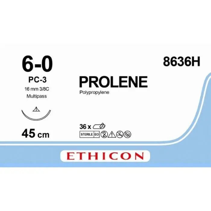 Ethicon Ethicon PROLENE® Polypropylene Blue Non - Absorbable Veterinary Surgical Suture | USP 6 - 0 | 45 cm | PC - 3 PRIME MULTIPASS® Conventional Cutting Needle | 8636H (Box of 36) UK 8636H