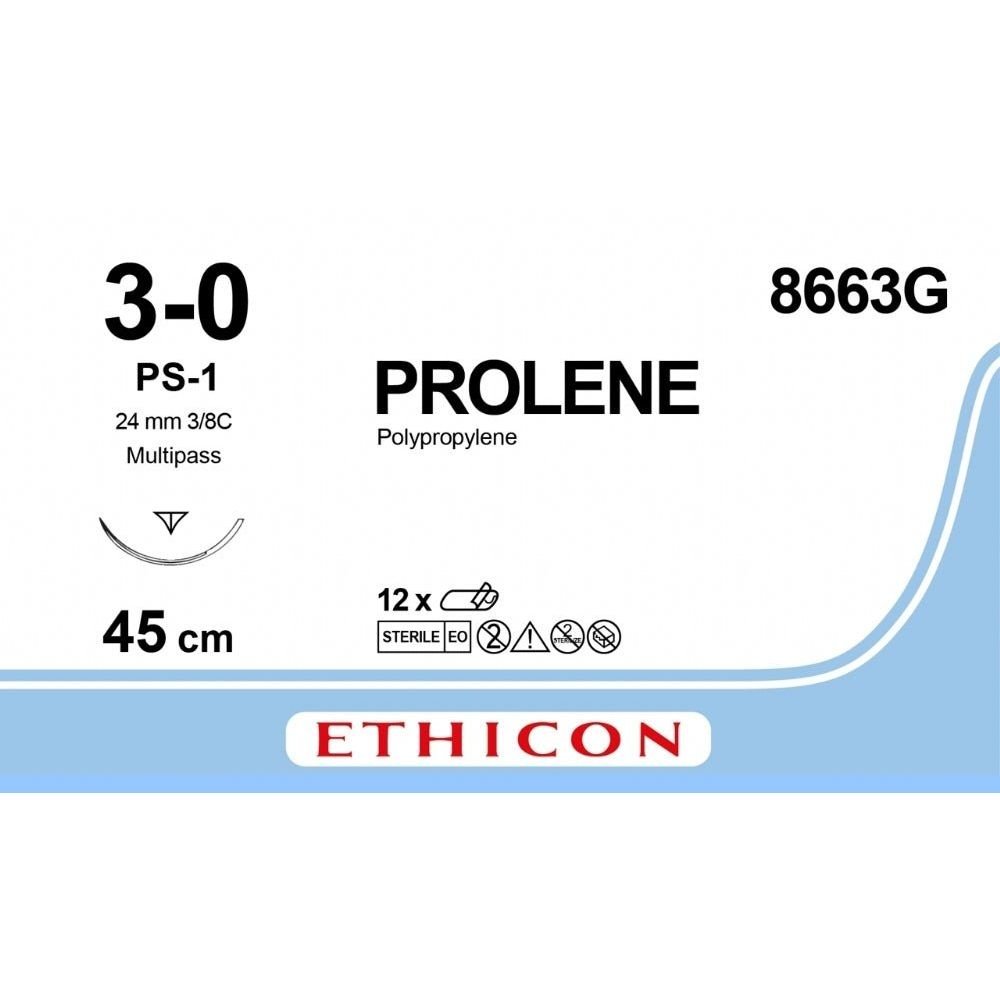 Ethicon Ethicon PROLENE Polypropylene Blue Non - Absorbable Surgical Suture USP 3 - 0 45 cm (18 in) PS - 1 MULTIPASS Prime Reverse Cutting Needle 8663G (Box of 12) UK 8663G