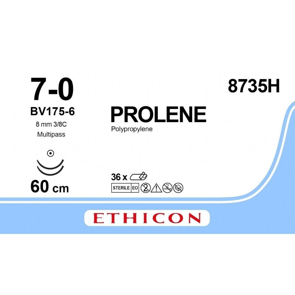 Ethicon Ethicon PROLENE Polypropylene Blue Non - Absorbable Surgical Suture USP 7 - 0 60 cm (24 in) Double - Armed BV175 - 6 MULTIPASS Taper Point Needles 8735H (Box of 36) UK 8735H
