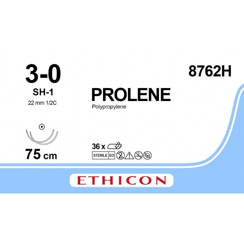 Ethicon Ethicon PROLENE Polypropylene Blue Non - Absorbable Surgical Suture USP 3 - 0 75 cm (30 in) Double - Armed SH - 1 Taper Point Needles 8762H (Box of 36) UK 8762H