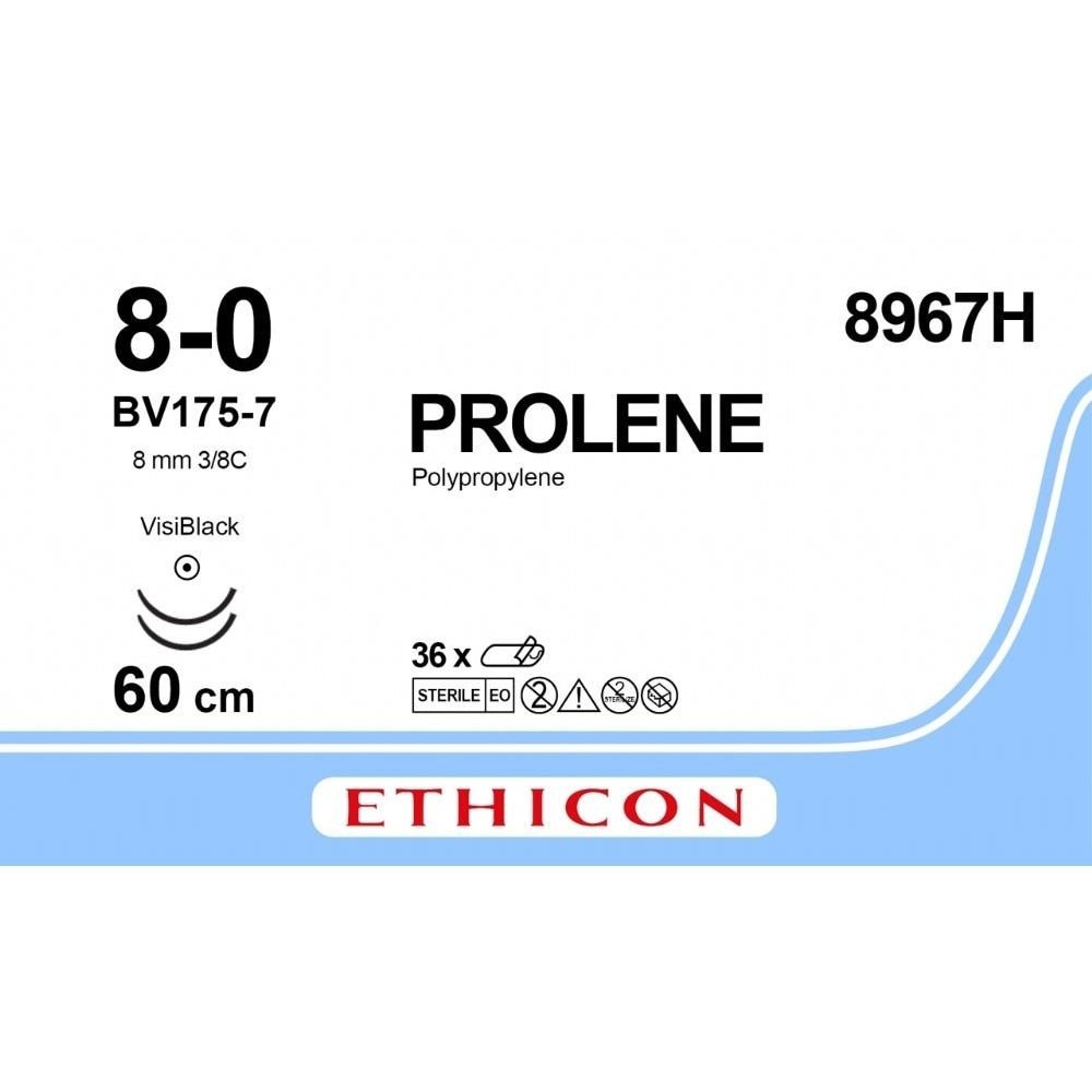Ethicon Ethicon PROLENE Polypropylene Blue Non - Absorbable Veterinary Surgical Suture USP 8 - 0 60 cm Double - Armed BV175 - 7 VISI - BLACK Control Release Taper Point Needles 8967H (Box of 36) UK 8967H