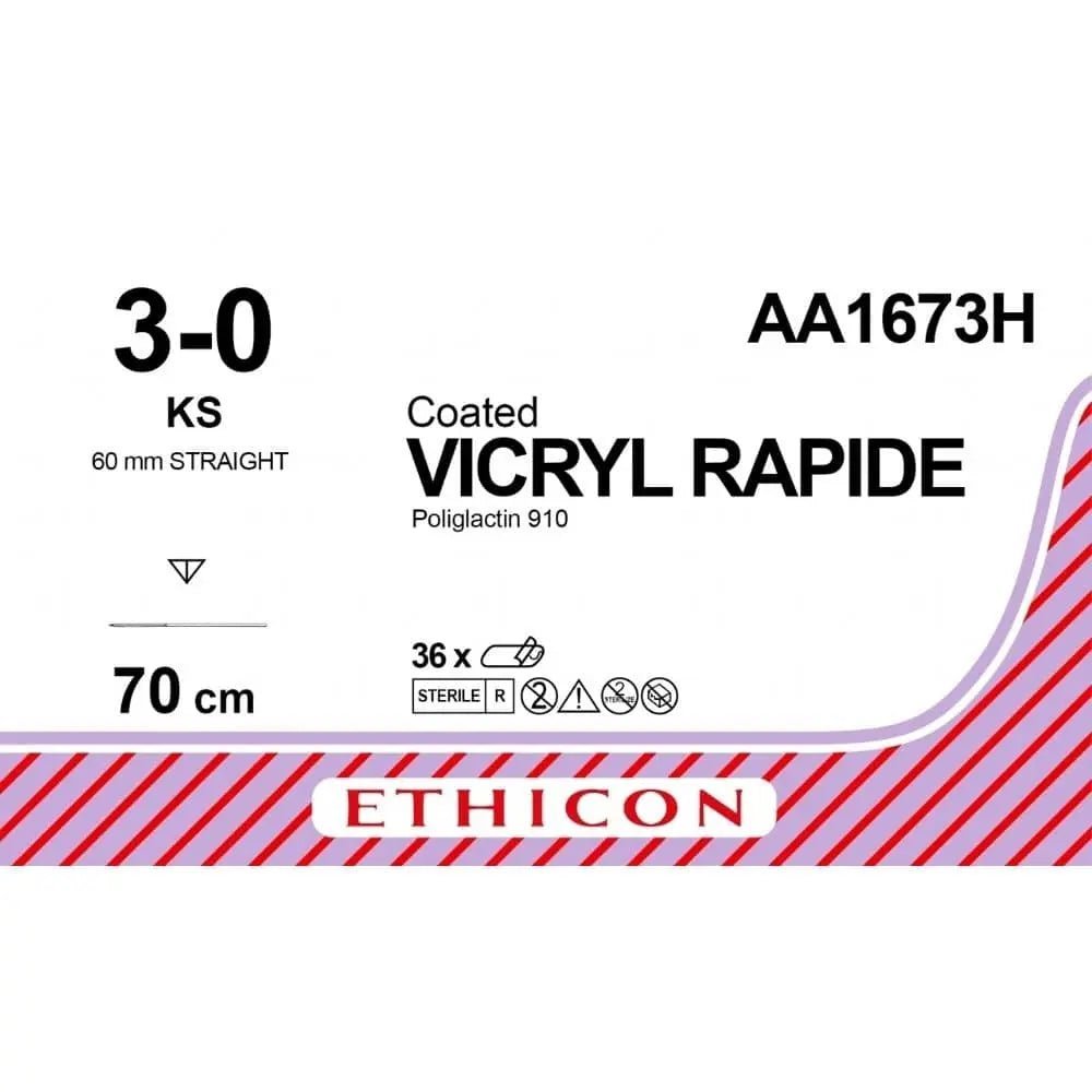 Ethicon Ethicon VICRYL RAPIDE Braided Polyglactin 910 Absorbable Surgical Suture – USP 3 - 0 – 70 cm – Undyed – Reverse Cutting Needle (60 mm, Straight) – AA1673H (Box of 36) Size: 3 - 0 Colour: Undyed Style: Reverse Cutting UK AA1673H