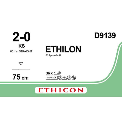 Ethicon Ethicon ETHILON Clear (Undyed) Monofilament Non - Absorbable Surgical Suture USP 2 - 0 30 in (75 cm) Clear KS Reverse Cutting Needle 19 mm 3/8 Circle D9139 (Box of 36) UK D9139