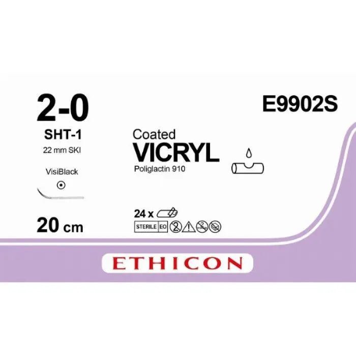 Ethicon Ethicon VICRYL Polyglactin 910 Braided Absorbable Surgical Suture – USP 2 - 0 – 20 cm – Violet – Single - Armed Taper Point Needle 22 mm, Ski – E9902S (Box of 24) Size: 2 - 0 Colour: Violet UK E9902S