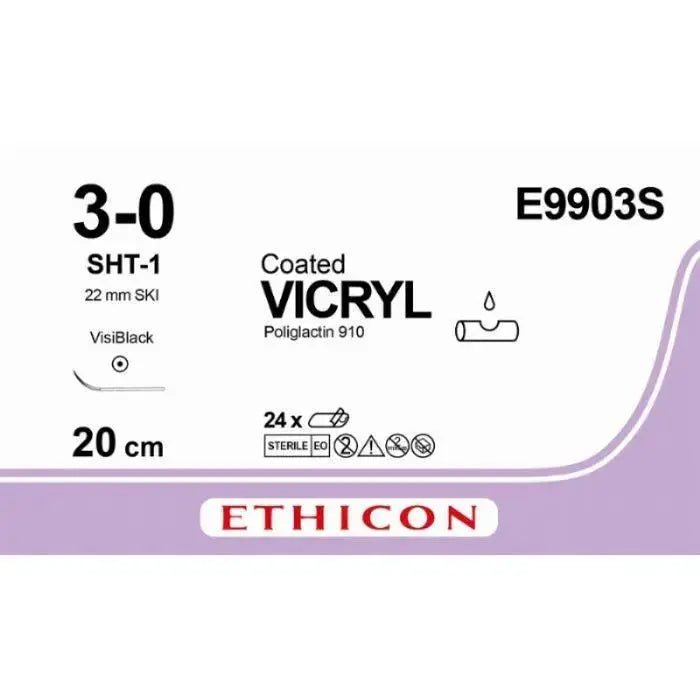 Ethicon Ethicon VICRYL Polyglactin 910 Braided Absorbable Surgical Suture – USP 3 - 0 – 20 cm – Violet – Single - Armed Taper Point Needle 22 mm, Ski – E9903S (Box of 24) Size: 3 - 0 Colour: Violet Style: Taper Point UK E9903S