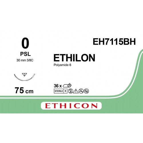 Ethicon Ethicon ETHILON Black Monofilament Non - Absorbable Surgical Suture USP 0 30 in (75 cm) Black PSL Reverse Cutting Needle 26 mm 3/8 Circle EH7115BH (Box of 36) UK EH7115BH