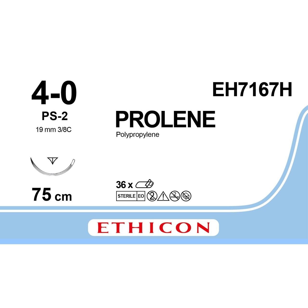 Ethicon Ethicon PROLENE Polypropylene Blue Non - Absorbable Surgical Suture USP 4 - 0 (Metric 1.5) 75 cm PS - 2 PRIME Reverse Cutting Needle EH7167H (Box of 36) UK EH7167H