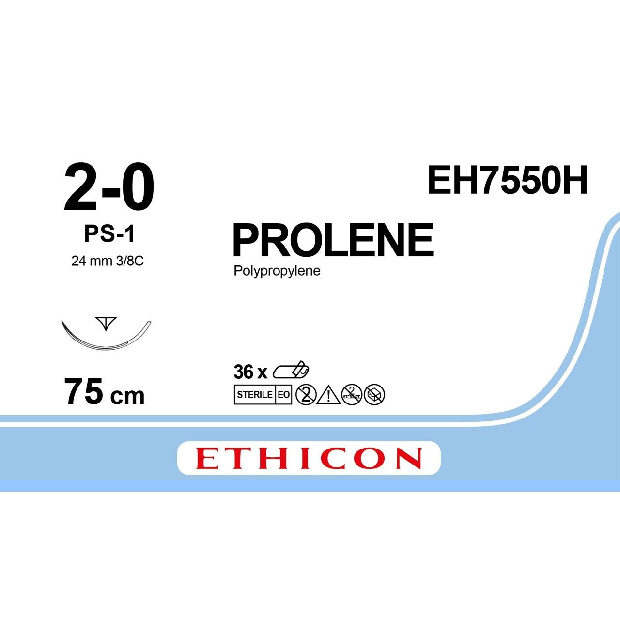 Ethicon Ethicon PROLENE® Polypropylene Blue Non - Absorbable Surgical Suture – USP 2 - 0 – 75 cm – PS - 1 PRIME™ Reverse Cutting Needle – EH7550H (Box of 36) UK EH7550H