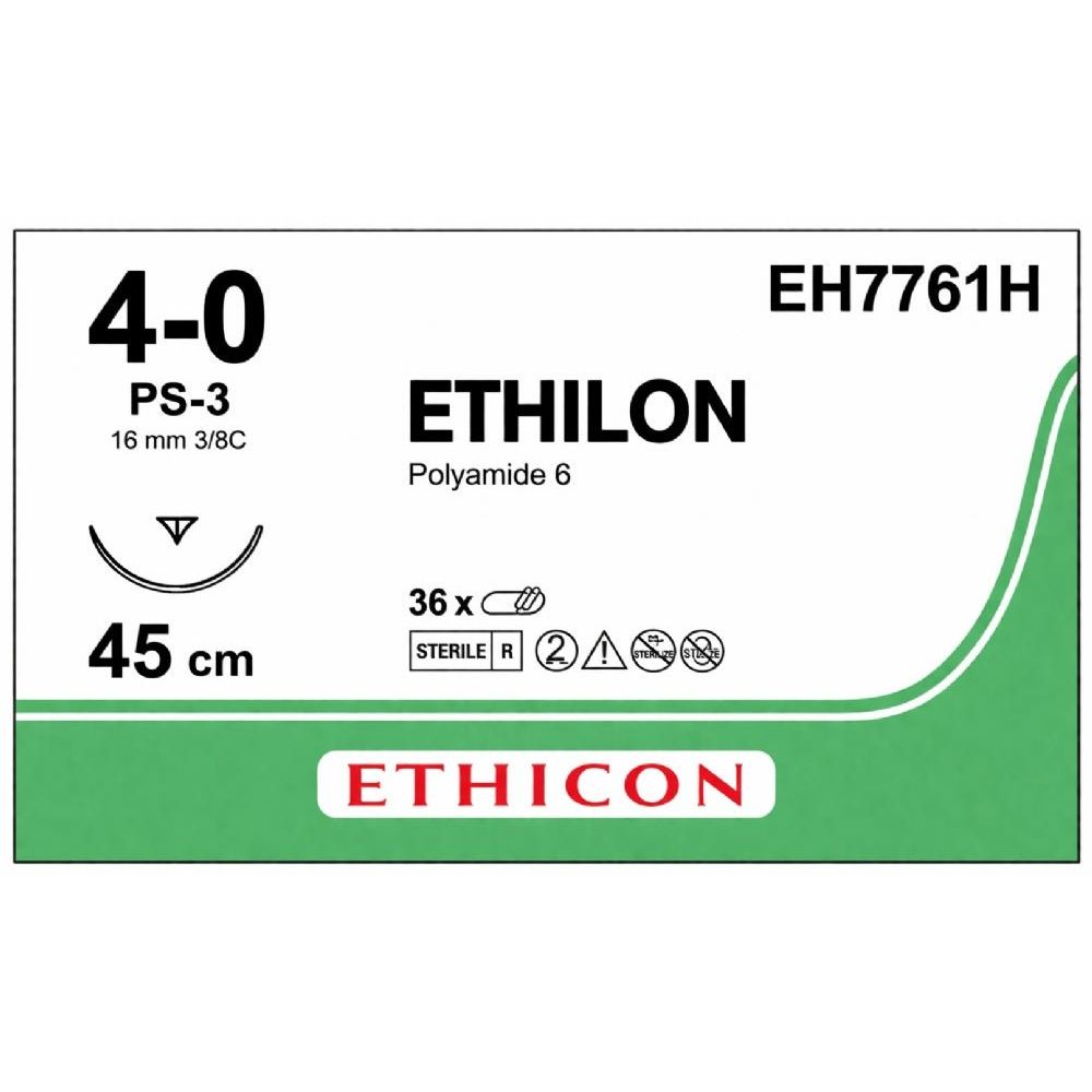 Ethicon Ethicon ETHILON Black Monofilament Non - Absorbable Surgical Suture USP 4 - 0 18 in (45 cm) Black PS - 3 Prime Reverse Cutting Needle 13 mm 3/8 Circle EH7761H (Box of 36) UK EH7761H
