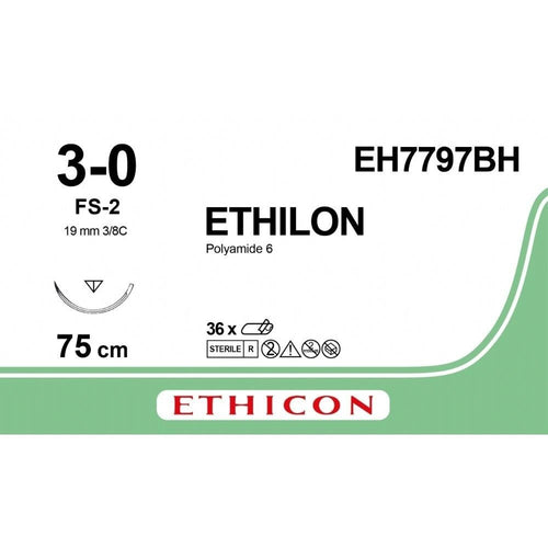 Ethicon Ethicon ETHILON Black Monofilament Non - Absorbable Surgical Suture USP 3 - 0 30 in (75 cm) Black FS - 2 Reverse Cutting Needle 19 mm 3/8 Circle EH7797BH (Box of 36) UK EH7797BH