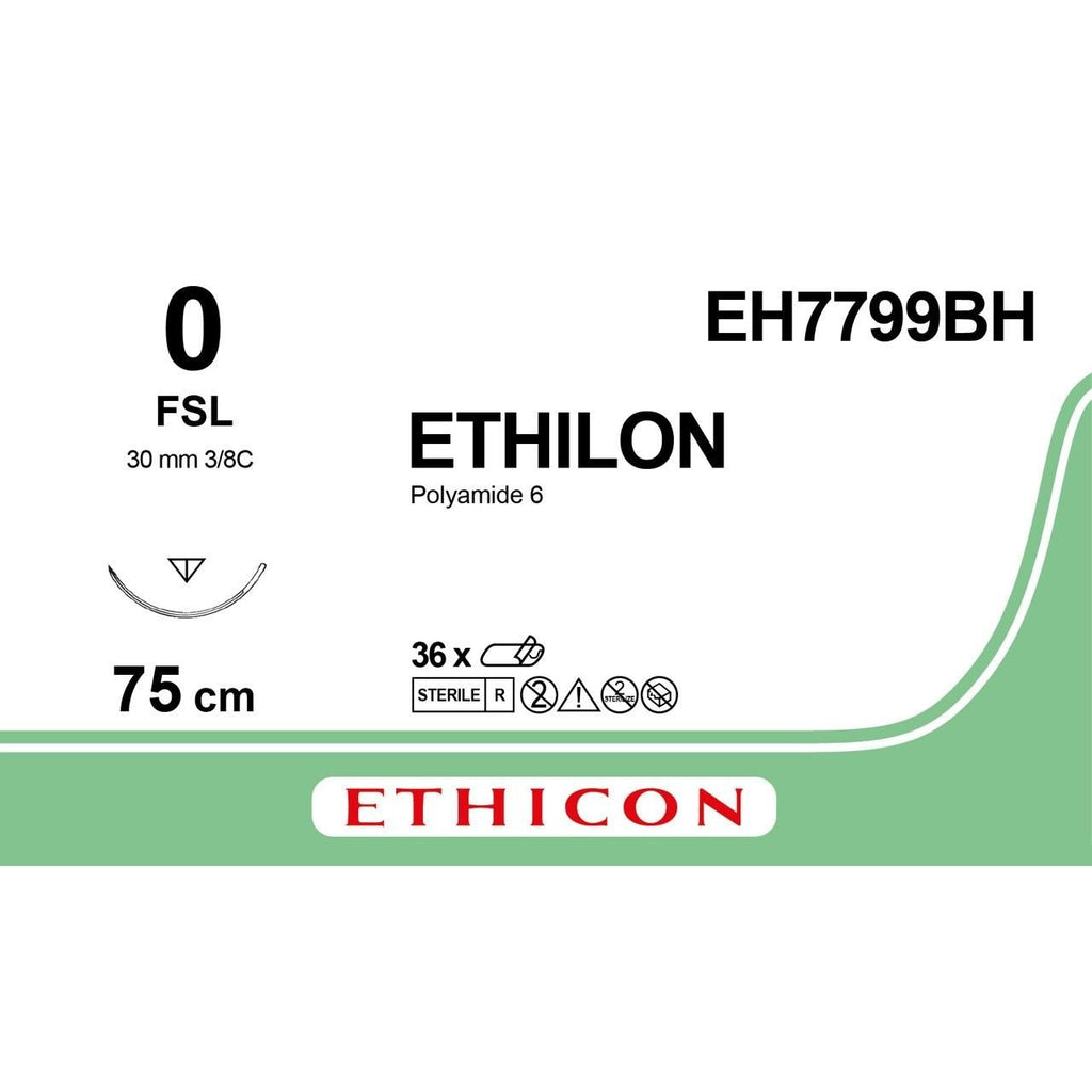 Ethicon Ethicon ETHILON Black Monofilament Non - Absorbable Surgical Suture USP 0 30 in (75 cm) Black FSL Reverse Cutting Needle 26 mm 3/8 Circle EH7799BH (Box of 36) UK EH7799BH