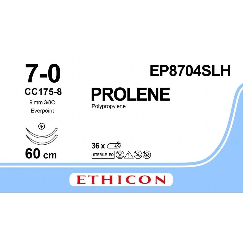 Ethicon Ethicon PROLENE Polypropylene Non - Absorbable Monofilament Surgical Suture USP 7 - 0 60 cm CC175 - 8 Tapercut Micro Point Needles 9.3 mm 3/8 Circle with EVERPOINT Technology EP8704SLH (Box of 36) UK EP8704SLH