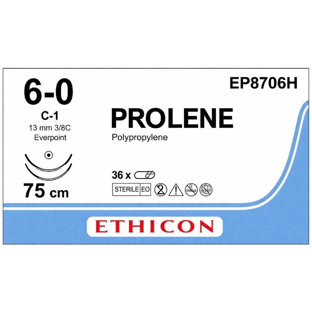 Ethicon Ethicon PROLENE Polypropylene Non - Absorbable Monofilament Surgical Suture USP 4 - 0 75 cm BV - 1 Taperpoint Needles 9.3 mm 3/8 Circle with EVERPOINT Technology EP8706H (Box of 36) UK EP8706H