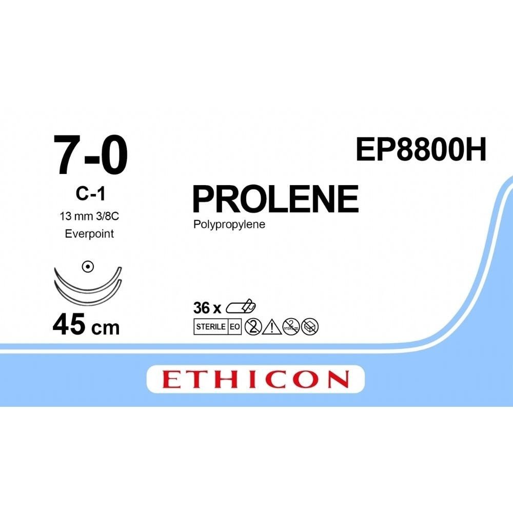 Ethicon Ethicon PROLENE Polypropylene Non - Absorbable Monofilament Surgical Suture USP 7 - 0 45 cm BV - 1 Taperpoint Needles 9.3 mm 3/8 Circle with EVERPOINT Technology EP8800H (Box of 36) UK EP8800H
