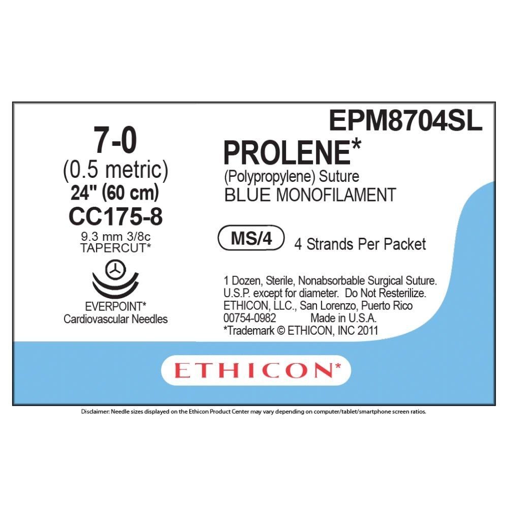 Ethicon Ethicon PROLENE Polypropylene Non - Absorbable Monofilament Surgical Suture USP 5 - 0 60 cm CC175 - 8 Tapercut Micro Point Needles 9.3 mm 3/8 Circle with EVERPOINT Technology EPM8704SL (Box of 36) UK EPM8704SL
