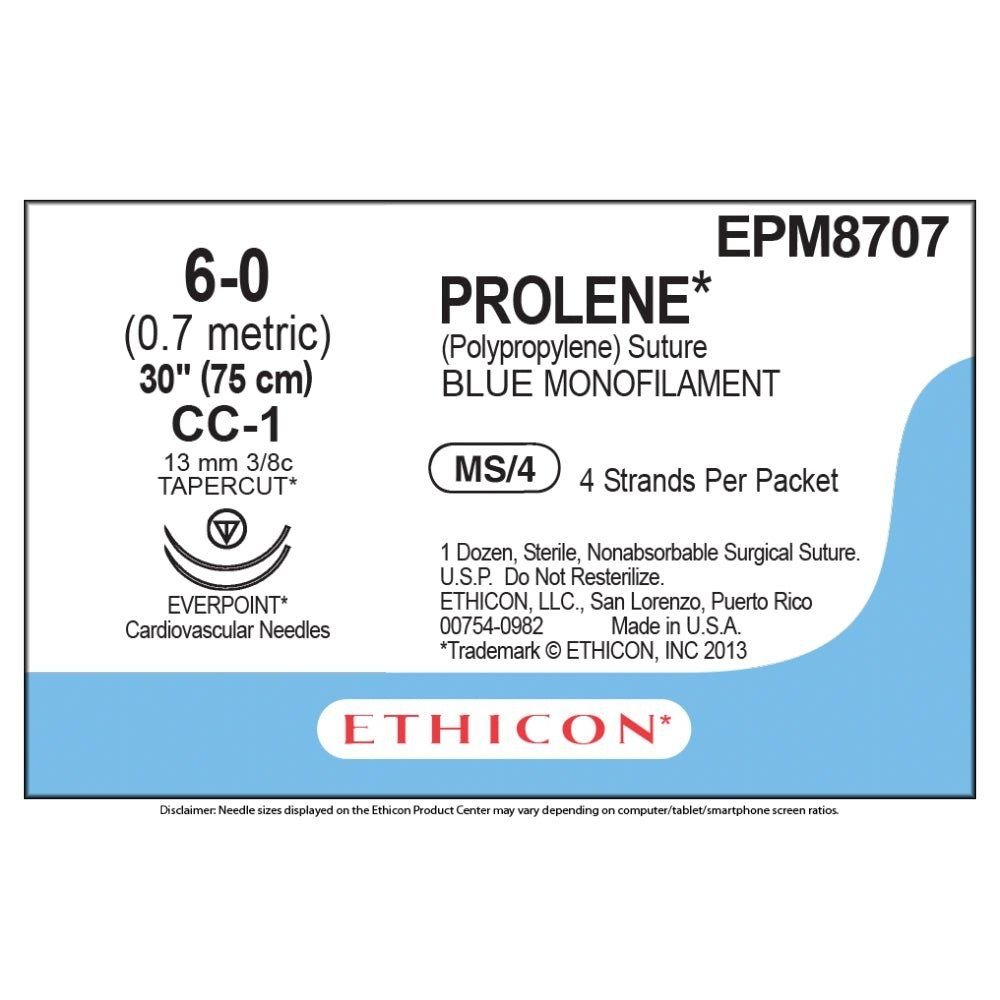 Ethicon Ethicon PROLENE Polypropylene Non - Absorbable Monofilament Surgical Suture USP 3 - 0 75 cm BV - 1 Taperpoint Needles 9.3 mm 3/8 Circle with EVERPOINT Technology EPM8707 (Box of 36) UK EPM8707