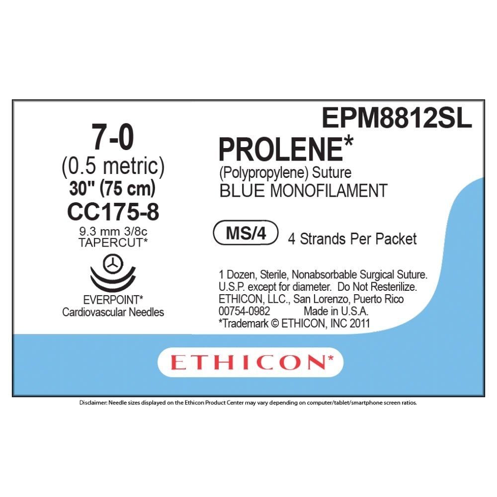 Ethicon Ethicon PROLENE Polypropylene Non - Absorbable Monofilament Surgical Suture USP 24 60 cm CC175 - 8 Tapercut Micro Point Needles 9.3 mm 3/8 Circle with EVERPOINT Technology EPM8812SL (Box of 36) UK EPM8812SL