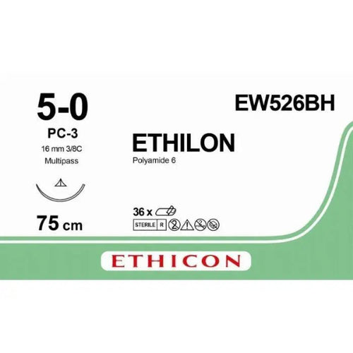 Ethicon Ethicon ETHILON Black Monofilament Non - Absorbable Surgical Suture USP 5 - 0 30 in (75 cm) Black PC - 3 Prime Cutting Needle 13 mm 3/8 Circle EW526BH (Box of 36) UK EW526BH