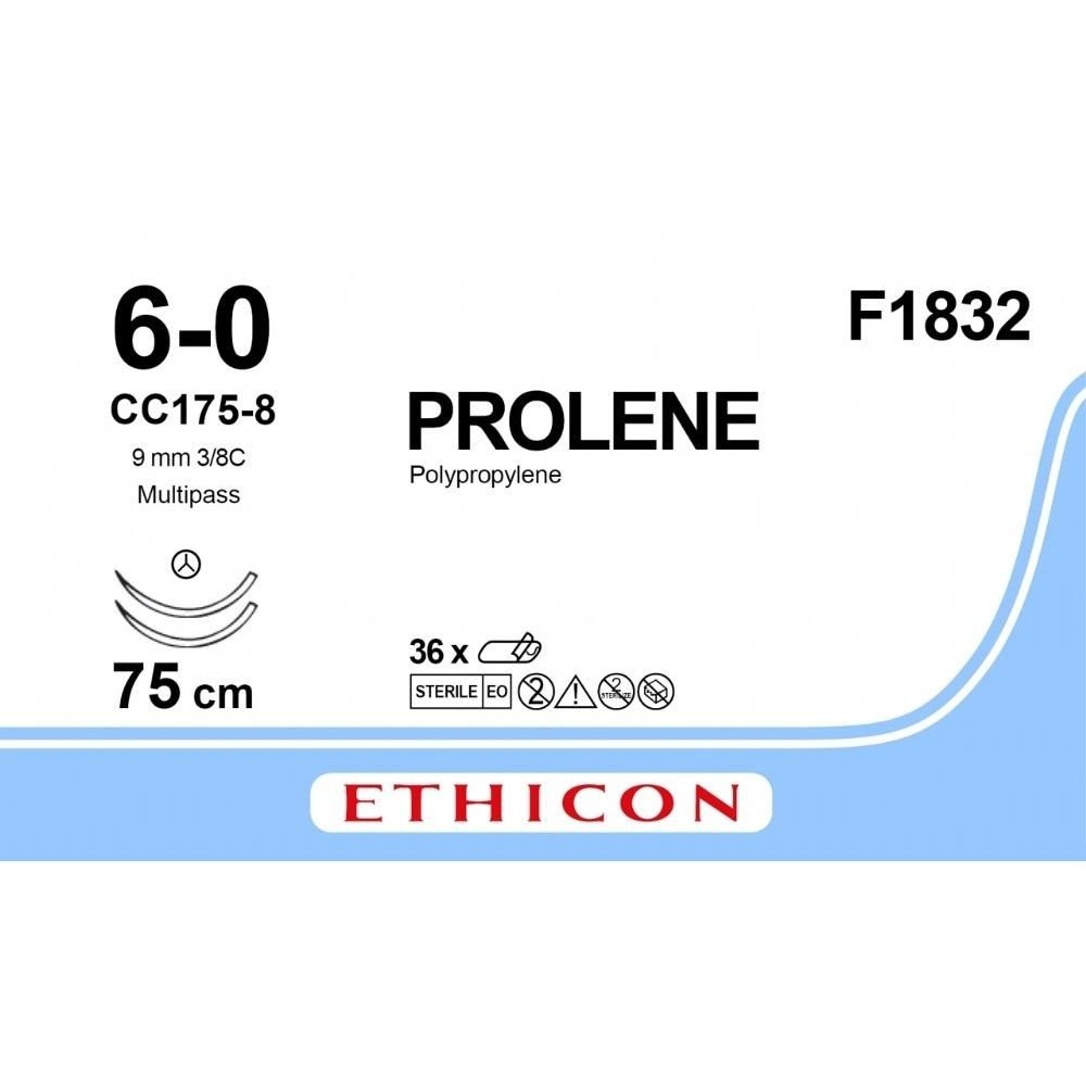 Ethicon Ethicon PROLENE Polypropylene Blue Non - Absorbable Surgical Suture USP 6 - 0 75 cm CC175 - 8 MP TAPERCUT CC Needle (9.3 mm) F1832 (Box of 36) UK F1832
