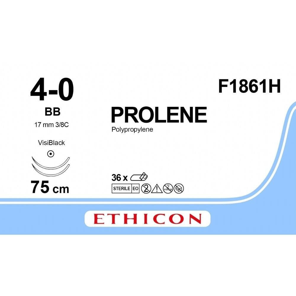 Ethicon Ethicon PROLENE Polypropylene Blue Non - Absorbable Veterinary Surgical Suture USP 4 - 0 75 cm Double - Armed BB VB VISIBLACK Taper Point Needles (17 mm) F1861H (Box of 36) UK F1861H