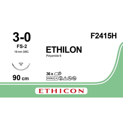 Ethicon Ethicon ETHILON Black Monofilament Non - Absorbable Surgical Suture USP 3 - 0 36 in (90 cm) Black FS - 2 Reverse Cutting Needle 19 mm 3/8 Circle F2415H (Box of 36) UK F2415H