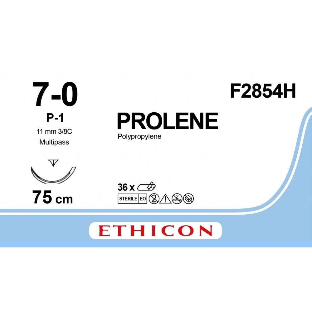 Ethicon Ethicon PROLENE Polypropylene Blue Non - Absorbable Surgical Suture USP 7 - 0 75 cm P - 1 PRIME MULTIPASS Reverse Cutting Needle (11 mm) F2854H (Box of 36) UK F2854H