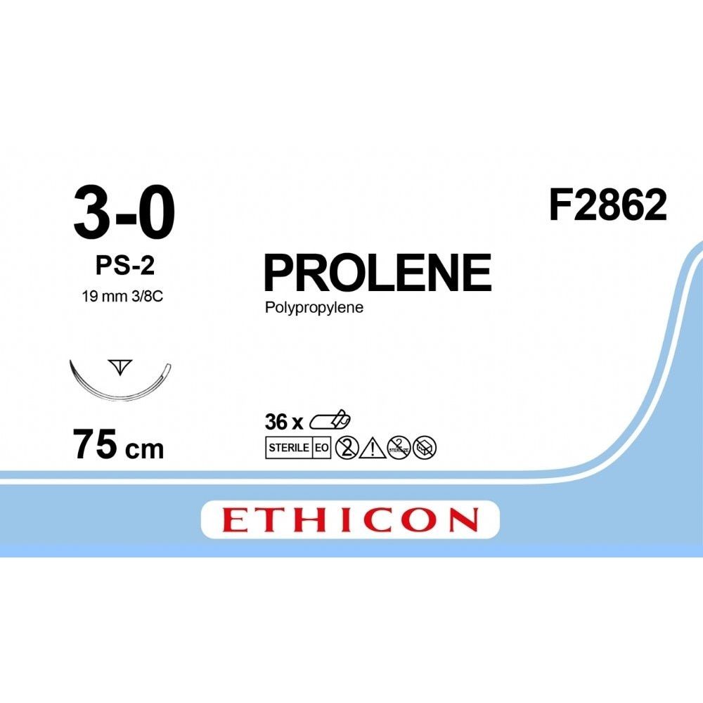 Ethicon Ethicon PROLENE Polypropylene Clear (Undyed) Non - Absorbable Surgical Suture USP 3 - 0 75 cm PS - 2 PRIME Reverse Cutting Needle F2862 (Box of 36) UK F2862